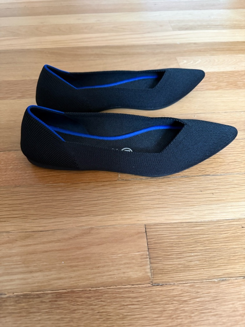 Rothy's Black Pointed Knit Flats with Blue Trim